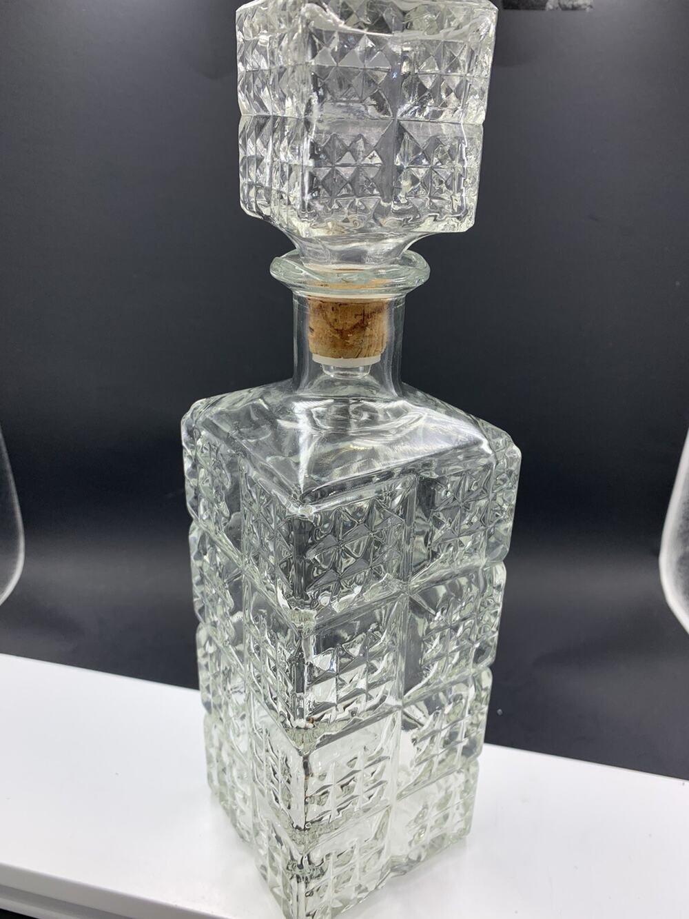 Vintage Glass Crystal 11" Decanter Whiskey Bottle Square 4/5 Quart